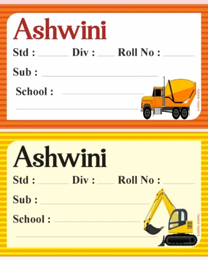 School Book Labels Construction Vehicles