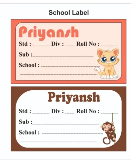 School Book Labels Cute Animals