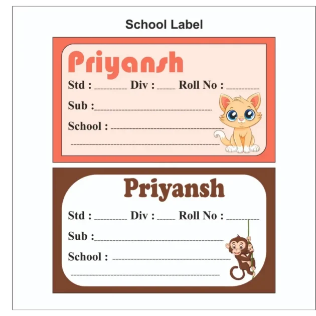 School Book Labels Cute Animals